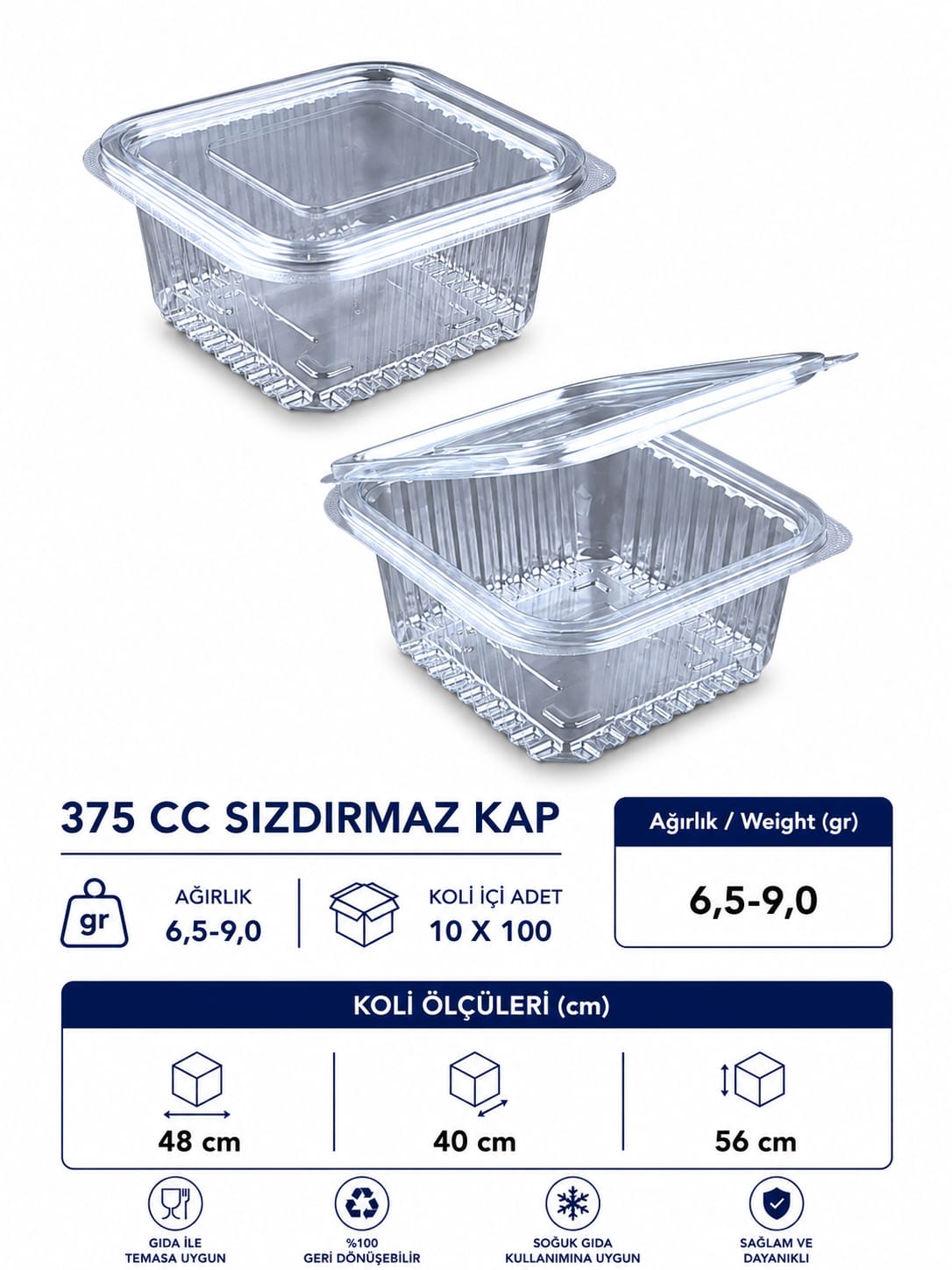 375 CC Sızdırmaz Kap Şeffaf Gıda Saklama Kabı 100 Adet